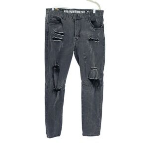 Grindhouse Denim Jeans Mens 34 Dark Grey Distressed Ripped Streetwear Crinkle